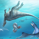 Artist’s depiction of the Kamuysaurus japonicus carcass floating in the sea prior to being deposited on the seafloor. An assortment of sea turtles, mosasaurs, and ammonoids can be seen around the dead dino.